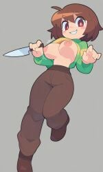 5_fingers aged_up ai_generated baggy_shirt bangs big_breasts blush blush_stickers brown_hair brown_pants brown_shoes chara chara_(undertale) female gray_background green_sweater holding_knife holding_weapon knife looking_at_viewer motion_lines no_bra pale pixai red_eyes shirt_lift shoulder_length_hair simple_background slim_waist smile solo striped_sweater sweater tall turtleneck undertale undertale_(series)