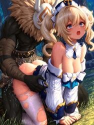 1boy 1girls ai_generated barbara_(genshin_impact) crying crying_with_eyes_open doggy_style female forest genshin_impact hilichurls_(species) interspecies male open_mouth rape raped sex sex_from_behind tears torn_clothes