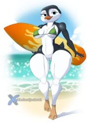 absurd_res anthro avian avian_feet beach beak big_breasts bird blue_eyes bra breasts clothed clothing cloud curvy_figure feathers female genitals hi_res lani_aliikai looking_at_another multicolored_body no_underwear nude nude_female partially_clothed penguin pussy sea solo surf's_up surfboard tail tail_feathers thelordjoshua1 thick_thighs underwear water watermark
