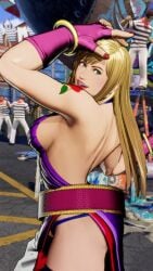 1girls 3d arm arm_above_head ass big_breasts blonde_hair bonne_jenet breasts busty dress fatal_fury fatal_fury:_city_of_the_wolves female fingerless_gloves from_side garou:_mark_of_the_wolves green_eyes hand_on_head hi_res king_of_fighters large_breasts legs looking_at_viewer open_mouth pink_lipstick pose posing sensual sideboob smile snk teeth thighs thong tongue voluptuous