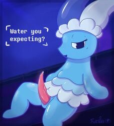 1boy absurd_res bodily_fluids clothing darkner deltarune dialogue digital_media_(artwork) elemental_creature english_text fleesoff fool's_hat genital_fluids genitals hat headgear headwear hi_res humanoid male male_only mizzle_(deltarune) open_mouth penis precum solo tapering_penis text undertale_(series) water water_creature