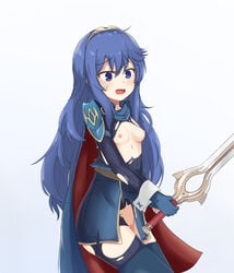 1girls armor blue_background blue_eyes blue_gloves blue_hair blue_legwear blush breasts cape chiru_(chirun0) cowboy_shot embarrassed eyebrows_visible_through_hair female female_only fire_emblem fire_emblem_awakening functionally_nude gloves highres holding holding_sword holding_weapon long_hair looking_down lost_clothes lucina_(fire_emblem) matching_hair/eyes open_mouth pauldrons simple_background skindentation small_breasts solo standing sword symbol_in_eye tears thighhighs tiara torn_clothes tunic weapon wrist_cuffs