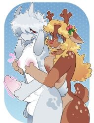 alternate_species anthro anthro_only arcadebunni blue_eyes breast_squish brown_fur deltarune female furry furry_only futanari goat hugging_from_behind intersex intersex/female jerking_off kris_(deltarune) nipple_pinch noelle_holiday reach_around red_eyes reindeer white_fur yellow_hair