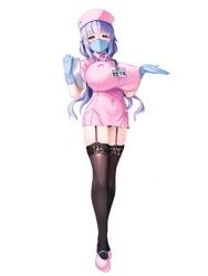 1girls belly_button belly_button_visible_through_clothing black_panties breasts cameltoe clipboard clothed female female_focus garter_straps gloves hat id_card lanyard large_breasts light_purple_hair long_hair mask navel navel_visible_through_clothes nipple_bulge nipples nurse nurse_cap nurse_clothing nurse_hat nurse_headwear nurse_outfit nurse_uniform okuri_banto original original_character panties red_eyes rubber_gloves simple_background solo solo_focus surgical_gloves thighhighs thighs