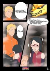 adult_and_teenager black_hair blowjob boruto:_naruto_next_generations clothed clothed_sex comic comic_page crying crying_with_eyes_open cum cum_in_mouth cum_inside daydream doujinshi english_dialogue english_text erogakure fellatio glasses height_difference kurama naruto naruto_(series) oral oral_sex sarada_uchiha short_hair sweating teenage_girl teenager text text_bubble uzumaki_naruto