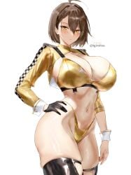 absurdres ahoge alternate_costume azur_lane baltimore_(azur_lane) baltimore_(finish_line_flagbearer)_(azur_lane) bikini black_gloves black_thighhighs blush breasts brown_hair cleavage closed_mouth commentary_request cropped_jacket female gloves gold_bikini hair_behind_ear hand_on_own_hip highleg highleg_bikini highres huge_breasts igiroitsu jacket looking_at_viewer navel race_queen short_hair sideboob simple_background skindentation solo stomach swimsuit thighhighs twitter_username white_background wrist_cuffs yellow_eyes yellow_jacket