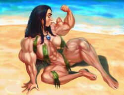 abs beach biceps black_hair breasts disney extreme_muscles female flexing hyper_muscles jugie long_hair moana moana_waialiki muscles muscular muscular_female nude pumpfactory solo