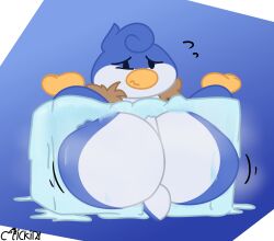 ass avian big_butt bird blue_body clothed clothing embarrassed heart_symbol henrique_rick hi_res ice ice_cube lying male melting nubby_(henrique_rick) on_back partially_clothed penguin pseudo_hair rear_view short_stack solo stuck trapped