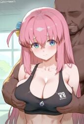 1boy ai_generated blush breast_grab cleavage dark-skinned_male embarrassed faceless_male female gotou_hitori gym indoors large_breasts looking_at_viewer muscular_male navel sad shy smile sports_bra stubble