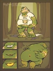 adamphoebe ahe_gao amphibian anthro anus ass bedroom_eyes belly_grab blush bodily_fluids bracelet butt_grab clothing comic ejaculation forest forest_background frog genitals green_body hair_loss hand_on_butt hi_res human humanoid_genitalia humanoid_penis identity_death jewelry kneeling looking_pleasured male male_only mammal mind_alteration narrowed_eyes nature nature_background obese obese_male on_grass on_ground overweight overweight_male penis plant presenting presenting_hindquarters seductive shirt smile solo species_transformation sweat sweatdrop topwear torn_clothing transformation transformation_sequence transformation_through_magic tree white_clothing white_shirt white_topwear