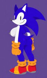 1girl ai_generated big_ass big_breasts black_eyes clenched_hands female gloves hedgehog_girl hedgehog_humanoid looking_at_viewer looking_over_shoulder naked needlemouse_(character) needlemouse_(series) nude orange_gloves perky_breasts pixai purple_background purple_fur red_boots simple_background smirk solo sonic.exe_(series) white_skin