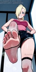_yumidreams ai_generated bangs bare_shoulders barefoot bedroom blonde_female blonde_hair blue_eyes denim_shorts feet_on_face feet_up female femdom fishnet_legwear fishnets foot_fetish foot_focus hair_over_one_eye hands_on_waist highres ino_yamanaka long_hair low_angle naruto_shippuden patreon patreon_username pink_tank_top ponytail pov smile sweat sweaty sweaty_feet thighhighs very_long_hair