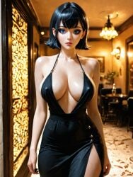 1girls ai_generated bare_arms bare_shoulders bare_thighs black_hair blue_eyes cleavage erect_nipples_under_clothes eyebrows eyelashes eyeliner eyeshadow female hi_res hotel_transylvania large_ass large_breasts looking_at_viewer mavis_dracula short_hair solo solo_female solo_focus standing thick_thighs waifufamily
