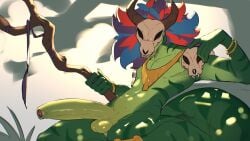 absurd_res anthro athletic athletic_anthro athletic_male big_penis big_tail bone erection foreskin genitals green_body green_scales hi_res holding_object holding_staff horn huge_cock humanoid_genitalia humanoid_penis lihzahrd lizard long_penis male mask meatshaq mostly_nude_male penis reclining reptile scales scalie skull skull_mask solo staff tail terraria thick_tail witch_doctor_(terraria)