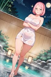 1girls ae8ty6 ai_generated arms_under_breasts barefoot barely_clothed blush boruto:_naruto_next_generations breasts cleavage collarbone crossed_arms feet female forehead_mark full_body green_eyes hot_spring light-skinned_female light_skin long_hair mature mature_female milf naked naked_towel naruto naruto_(series) onsen outdoors petite pink_hair pinup sakura_haruno sitting smile smiling smiling_at_viewer solo solo_focus towel towel_only walking walking_towards_viewer water watermark wet wet_body wet_skin wet_towel