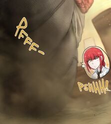 … 1boy 1girls ass big_ass big_butt black_pants chainsaw_man fart fart_cloud fart_fetish farting farting_on_another female giantess huge_ass huge_butt makima_(chainsaw_man) male one_eye_closed onomatopoeia rear_view red_hair shintobuya sitting text_bubble tiny viewed_from_behind yellow_eyes
