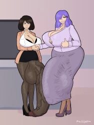 2d 2futas 2girls artist_signature background bangs black_footwear black_skirt blazer blouse blue_eyes brown_hair bulge_through_clothing cleavage crossed_legs female futanari gigantic_balls gigantic_penis glasses green_eyes heels high_heels huge_balls huge_breasts huge_cock hyper_balls hyper_penis hyper_testicles intersex kera_(fibilis) long_skirt masspetra medium_hair miniskirt one_eye_covered pencil_skirt penis purple_footwear purple_hair purple_skirt purple_topwear sachi_(masspetra) self_upload shaking_hands skirt smiling smiling_at_viewer standing thick_thighs tights topwear white_topwear wide_hips
