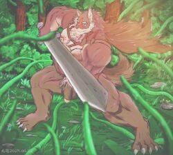 balls canid canine canis eyvind flaccid hi_res kowloon7050 male mammal muscular muscular_male pecs penis solo sword tavern_of_spear tentacle wolf