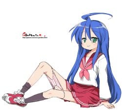1girls 2000s ahoge artist_name artist_website blue_hair female green_eyes konata_izumi lucky_star onija_tarou panties panties_down school_uniform simple_background sitting smiling_at_viewer solo tagme very_long_hair