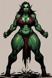 ai_generated big_breasts clothed_female female female_only green_skin muscular orc orc_female peeing pointy_ears red_eyes simple_background teron_games urine wide_hips