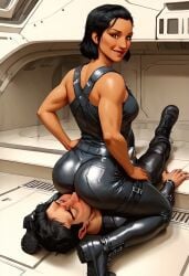 ai_generated andreja_(starfield) ass ass_focus ass_smothering ass_worship bethesda_softworks black_hair dominant_female facesit facesitting female femdom leather leather_boots leather_clothing leather_pants looking_at_viewer short_hair smiling_at_viewer smothering smug smug_grin starfield submissive_male tanned_female tanned_skin