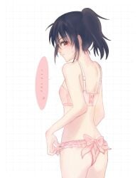 alternate_costume amk_14m black_hair blush bra embarrassed female female_only flat_chest frills gintama lingerie looking_at_viewer looking_back panties pink_bra pink_panties ponytail shimura_tae solo sweatdrop