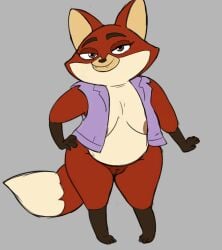 2025 anthro areola big_mouth_(series) breasts brown_eyes canid canine fangs female fox genitals grey_background half-closed_eyes looking_at_viewer mammal mating_season_(series) narrowed_eyes netflix pussy simple_background sleeveless_vest solo teeth unknown_artist