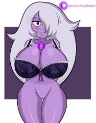 amethyst_(steven_universe) bottomless bottomless_female bra breasts cleavage edit gem gem_(species) huge_breasts one_eye_covered purple_skin pussy raydonxd simple_background steven_universe vulva