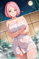 1girls ae8ty6 ai_generated arms_under_breasts barely_clothed blush boruto:_naruto_next_generations breasts cleavage collarbone crossed_arms female forehead_mark green_eyes hot_spring in_water light-skinned_female light_skin long_hair mature mature_female milf naked naked_towel naruto naruto_(series) onsen outdoors partially_submerged petite pink_hair pinup sakura_haruno sakura_haruno sitting smile smiling smiling_at_viewer solo solo_focus towel towel_only water watermark wet wet_body wet_skin wet_towel
