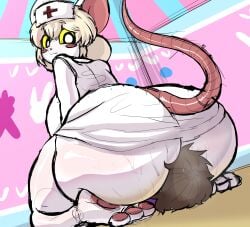 absurd_res anthro ass babyhunt4 big_butt black_eyes blonde_hair blush bodily_fluids bottom_heavy breasts butt_smother claws clothing dominant dominant_female duo facesitting female fur hair hat headgear headwear hi_res human lorna_(terrible_mouse) male male/female mammal mouse murid murine nurse nurse_clothing nurse_headwear pawpads paws rat rodent sitting_on_another smile smothering stinkface sweat sweaty_butt tail terrible_mouse white_body white_fur yellow_eyes