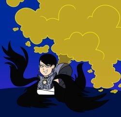 bayonetta bayonetta_(character) bayonetta_2 big_ass biggypiggy blue_background dark_blue_background dark_clothing fart fart_cloud farting female female_focus female_only smiling smiling_at_viewer