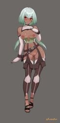 absurdres armbinder ass_visible_through_thighs bare_shoulders breasts detached_collar emerald_sustrai garter_straps green_hair grey_background highres long_hair lumpychan medium_breasts nipples original pussy red_eyes rwby sandals standing thighhighs thighs very_long_hair