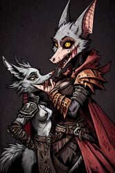 2girls ai_generated anthro armor armored_female bat blood_in_mouth eating female female_only fox grey_fur impractical_armor meat sharp_teeth simple_background size_difference teron_games yellow_eyes