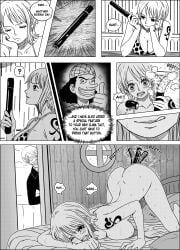 2d 2d_(artwork) bdsm_gear black_and_white blush bondage_gear comic dildo dildo_in_pussy dildo_insertion english english_text female female_focus human human_only manga nami_(one_piece) noxdsa one_piece secretly_loves_it self_bondage sex_toy text