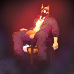 1:1 anthro balls black_clothing black_footwear black_shoes canid canine canis chair clothed clothing domestic_dog erection footwear fur furniture genitals green_eyes grey_clothing grey_overalls hair hi_res humanoid_genitalia humanoid_penis male male_only mammal markings narrowed_eyes open_overalls orange_hair orange_markings orange_penis overalls penis red_backlighting seraphictiger short_hair simple_background sitting solo white_body white_fur yellow_balls yellow_body yellow_fur