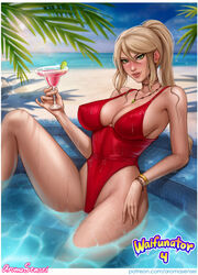 1girls alluring aroma_sensei bangs beach big_breasts blonde_hair bracelet breasts classy cleavage clothing cocktail cover female female_only hair looking_at_viewer martini metroid necklace nintendo one-piece_swimsuit samus_aran sideboob sidelocks solo swimsuit text video_games