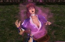 1girls 3d blue_kimono box brown_eyes brown_hair cleavage dead_or_alive female furbs3d high_ponytail kasumi_(doa) katana kimono kunoichi large_breasts sleeping_gas