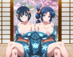 2girls bare_legs bare_shoulders blue_eyes blue_hair botan_nagatsuki cleavage collar female kimono_open large_breasts leaning_back looking_at_viewer medium_breasts ribbons side_ponytail sitting smile
