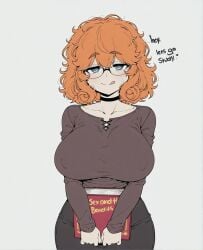 :q ai_assisted bangs black_choker blue_eyes blush book breasts brown_shirt choker collarbone covered_nipples curly_hair english_text female glasses grey_background heart heart-shaped_pupils holding holding_book huge_breasts large_breasts long_sleeves looking_at_viewer medium_hair messy_hair naughty_face orange_hair shirt short_hair simple_background smile solo sondu symbol-shaped_pupils thick_eyebrows tongue tongue_out