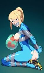 ai_generated ass_focus bare_ass breast_sucking exposed_breasts female femsub gagged metroid metroid_(creature) monster_rape samus_aran tape_bondage tape_gag taped_mouth tied_up torn_clothing