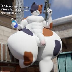 3d 3d_(artwork) big_hips big_penis big_thighs blue_sky buildings darkspite detailed_background feline_humanoid fortnite leaning_against_wall looking_at_viewer male_only massive_balls massive_thighs meowscles_(fortnite) muscular_male no_clothes nude shield_potion smug sniper_rifle text white_fur