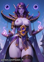 ai_generated armor boobs_out breasts elf face_markings facepaint female huge_hips magic nipples nipples_outside piercing pointy_ears purple_hair pussy seductive_look shoulder_armor standing stockings void_elf void_sphere warcraft world_of_warcraft xal'atath