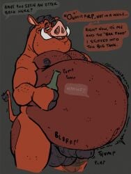 3:4 anthro balls belly big_belly bottle buhk burping container dialogue disney erection genitals hi_res male male_only male_pred mammal muscular nude pecs penis pumbaa rumbling_stomach stomach_bulge suid suine text the_lion_king tusks vore warthog