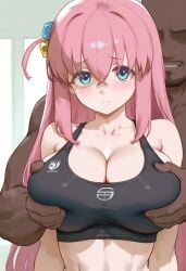 1boy ai_generated blush breast_grab cleavage dark-skinned_male embarrassed faceless_male female gotou_hitori gym indoors large_breasts looking_at_viewer muscular_male navel sad shy smile sports_bra stubble