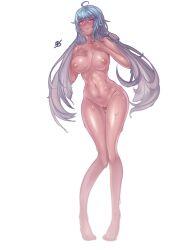 3gs breasts cleft_of_venus elsword feet female full_body glistening glistening_body large_breasts looking_at_viewer medium_breasts navel nipples nude pink_eyes pussy sirena_(elsword) solo stomach thighs wet white_background