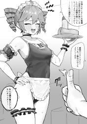 1boy 1girls 2d 2d_(artwork) apron black_and_white blush blush_lines breasts choker closed_eyes curly_hair curvy curvy_female drill_hair embarrassed embarrassed_female eyes_closed female greyscale high_re japanese_text kasane_teto leotard maid maid_apron maid_bikini maid_headdress maid_outfit male medium_breasts monochrome nail_polish one-piece_swimsuit painted_nails sex_toy swimsuit text thigh_strap thighs twin_drills utau