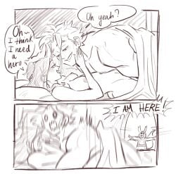 1boy 1boy1girl 1girls all_might arched_back bed bed_sheet bedroom blonde_hair blush boku_no_hero_academia breasts butt_crack chibi comic completely_nude dialogue english_text erect_nipples green_hair greyscale half-closed_eyes hand_on_another's_face highres humor ijessbest imminent_sex in_bed inko_midoriya interrupted izuku_midoriya long_hair lying lying_on_back lying_on_bed mischievous_smile monochrome motion_lines muscular muscular_male my_hero_academia nipples romantic romantic_couple slight_blush smile speech_bubble surprised tied_hair toshinori_yagi under_covers wholesome