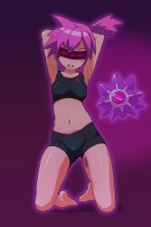 alternate_hair_color armpits arms_up barcode bare_legs barefoot batta18th batta_16-sei brainwashing corruption crotch_tattoo enemy_conversion female femsub heart hypnosis kasumi_(pokemon) midriff mind_control misty_(pokemon) pink_hair pokemon pubic_tattoo side_ponytail starmie tattoo team_rocket team_rocket_uniform visor