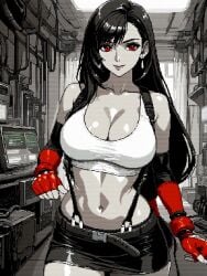 0xulta 1girls 2025 2d 2d_(artwork) 2d_artwork ass belt big_ass big_breasts black_hair black_hair_female breasts clothed clothed_female clothing crop_top female female_focus female_only final_fantasy final_fantasy_vii fully_clothed_female gauntlet gauntlets light-skinned_female light_skin midriff monochrome mostly_monochrome pixel_art red_eyes red_eyes_female short_shorts shorts solo solo_female solo_focus square_enix suspenders thick_thighs thighs tifa_lockhart