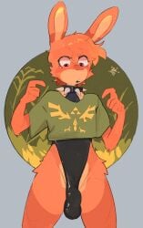 anthro biped blush breath_of_the_wild bulge clothing collar crop_top detailed_bulge fur hi_res hotterthanjuly lagomorph latex leporid link link_(rabbit_form) looking_down male mammal nintendo orange_body orange_fur rabbit shirt solo standing studded_collar studs the_legend_of_zelda topwear